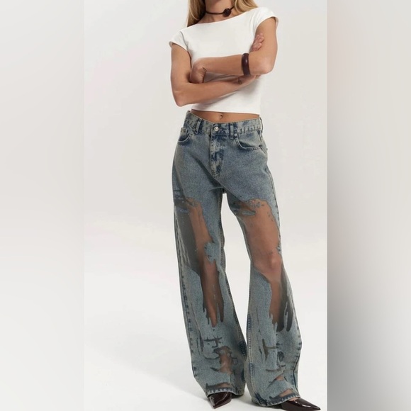Blue Flare Wide Leg Jeans with Distressed Details - Picture 1 of 11